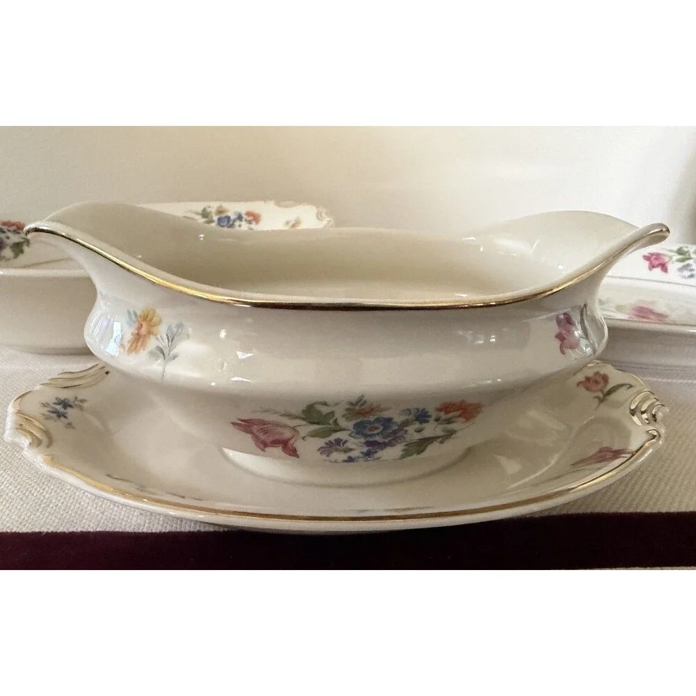 Vintage Aberdeen China Floral 3 Pc Serving Set Platter Vegetable Bowl Gravy Boat